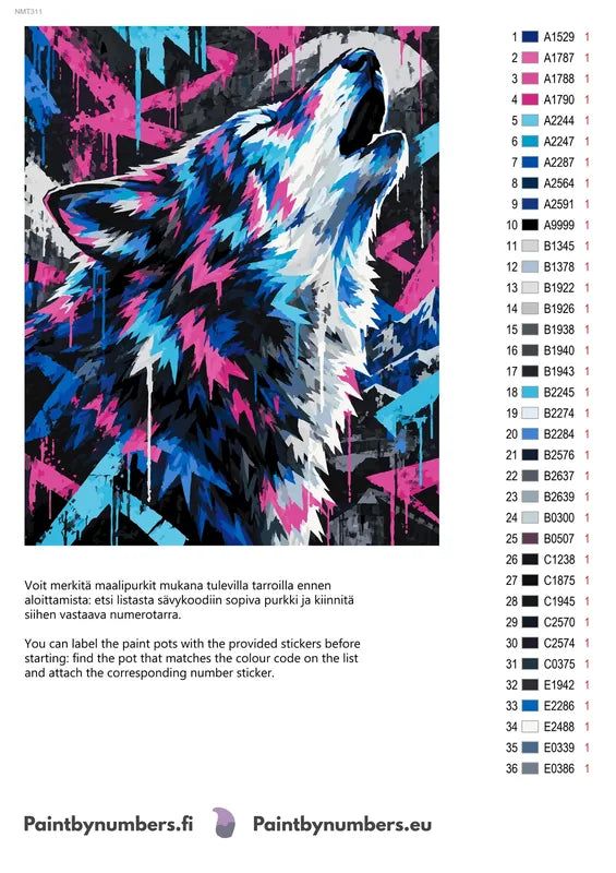 Numeromaalaus: Värikartta ja ohjeet - Neon Graffiti Wolf 40x50cm