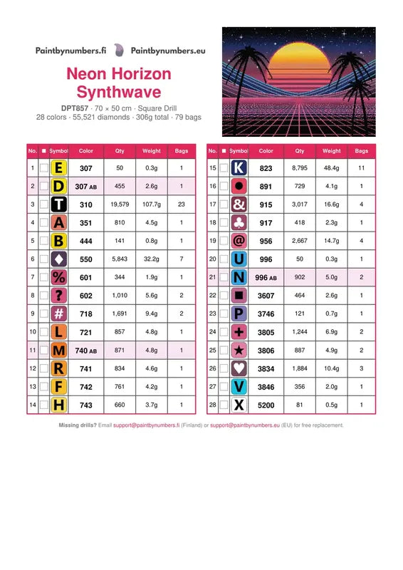 Neon Horizon Synthwave timanttimaalauksen värikartta – 28 DMC-väriä