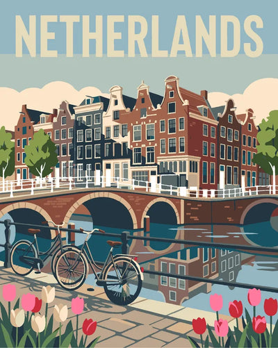 Alankomaat travel poster numeromaalaus, tulppaanit, polkupyörä ja kaupunki