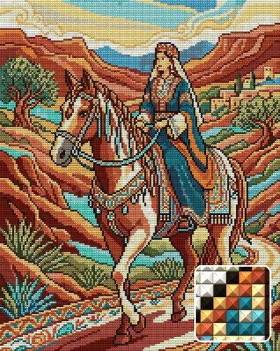 Noble Woman Riding Horse, 40x50 cm timanttimaalaus – lopullisen kuvion esikatselu ja lähikuva neliönmuotoisista timanteista