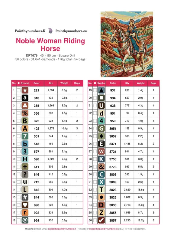Noble Woman Riding Horse timanttimaalauksen värikartta – 36 DMC-väriä