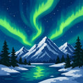 Thumbnail for Timanttimaalaus, jossa revontulet loimuavat vuorien yllä ja järvi heijastaa vihreää taivasta.