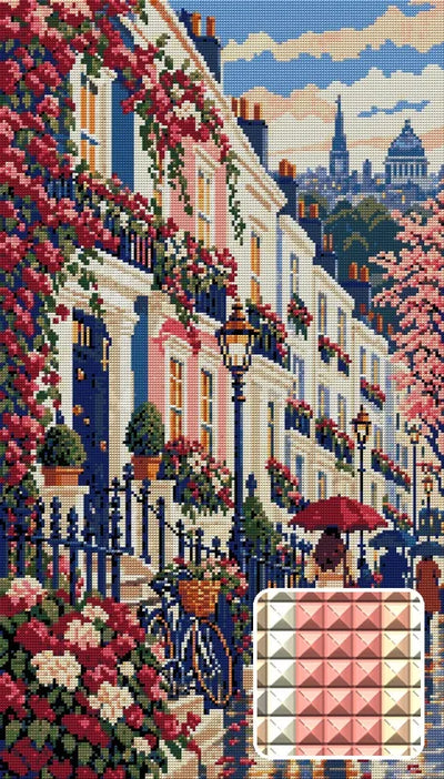 Notting Hill Umbrella Parade, 40x70 cm timanttimaalaus – lopullisen kuvion esikatselu ja lähikuva neliönmuotoisista timanteista