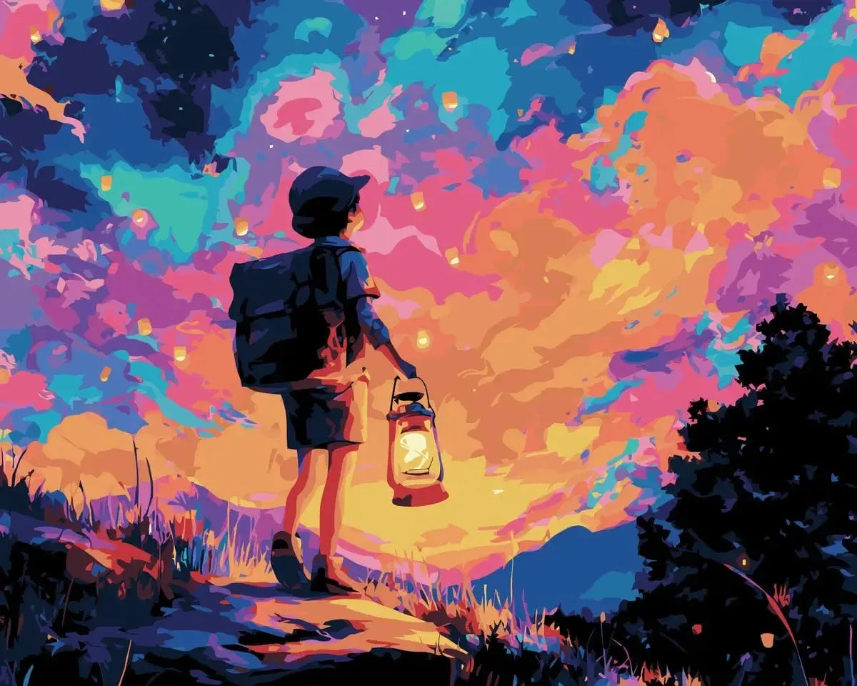 Numeromaalaus retkeilijästä, joka kantaa lyhtyä värikkään taivaan alla.