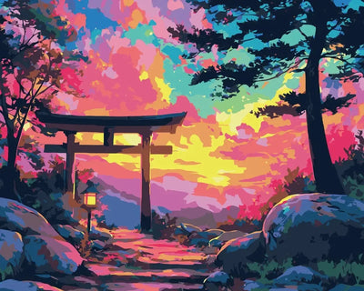 Numeromaalaus torii-portista värikkään auringonlaskun edessä.