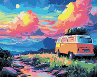 Thumbnail for Numeromaalaus retkeilyautosta auringonlaskun maisemassa.