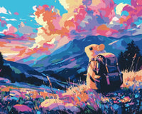 Thumbnail for Numeromaalaus hiirestä, jolla on reppu selässä vuorimaisemassa.