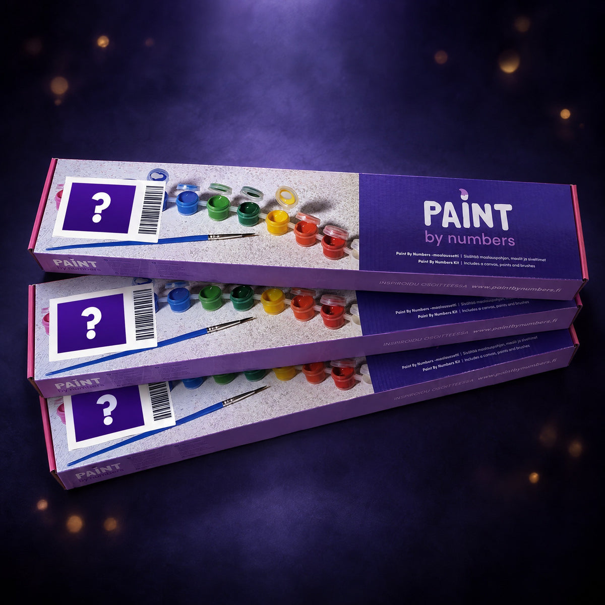 Kolme Paint by Numbers -laatikkoa, joiden tarroissa on kysymysmerkki