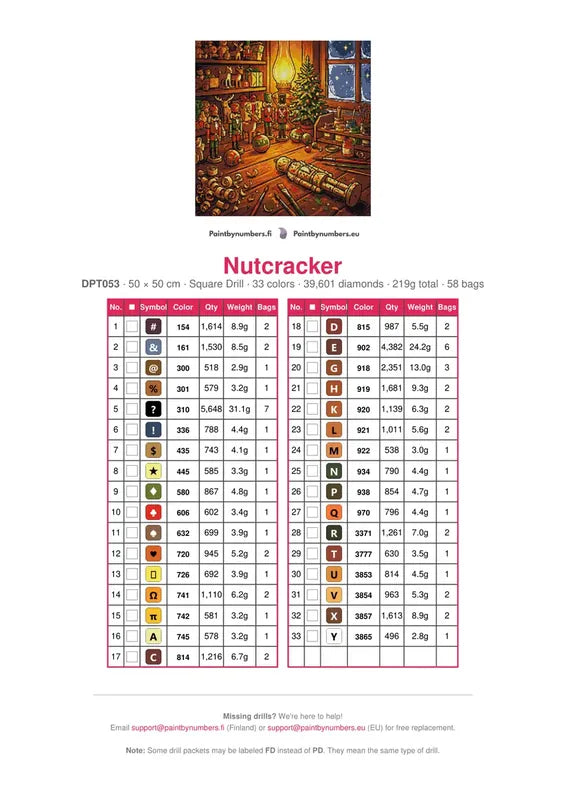 Nutcracker timanttimaalauksen värikartta – 33 DMC-väriä