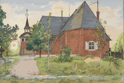 Numeromaalaus Carl Larssonin teoksesta Sundbornin vanha kirkko: punainen kirkko, kellotapuli ja matala aurinko.
