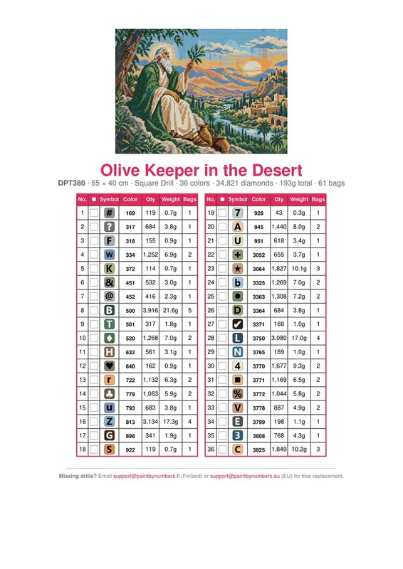 Olive Keeper in the Desert timanttimaalauksen värikartta – 36 DMC-väriä