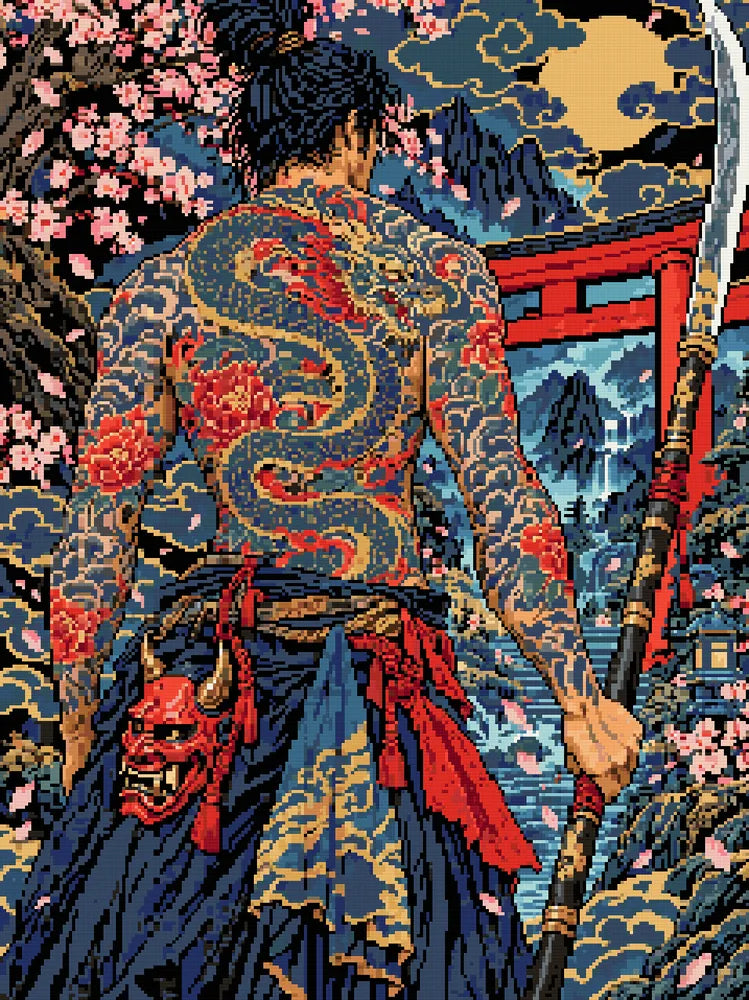 Oni Mask Warrior, 60x80 cm timanttimaalaus – lopullisen kuvion esikatselu