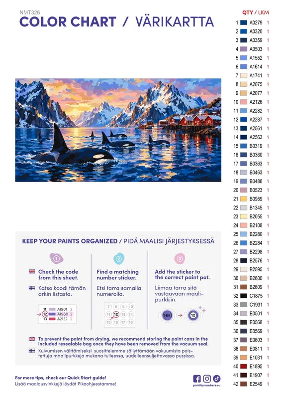 Numeromaalaus: Värikartta ja ohjeet - Orcas in the Fjord 80x40cm