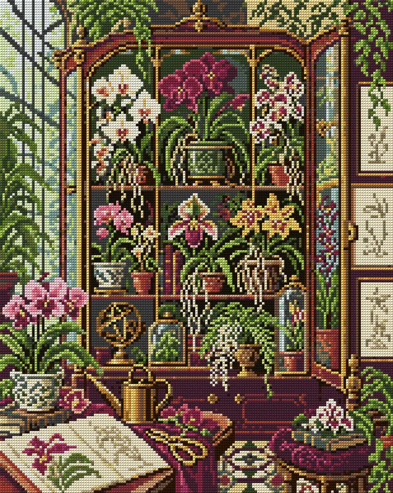 Orchid Cabinet of Curiosities, 40x50 cm timanttimaalaus – koko kuvion esikatselu ilman lähikuvaa