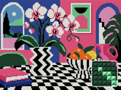 Orchid Disco Still Life, 40x30 cm timanttimaalaus – lopullisen kuvion esikatselu ja lähikuva neliönmuotoisista timanteista