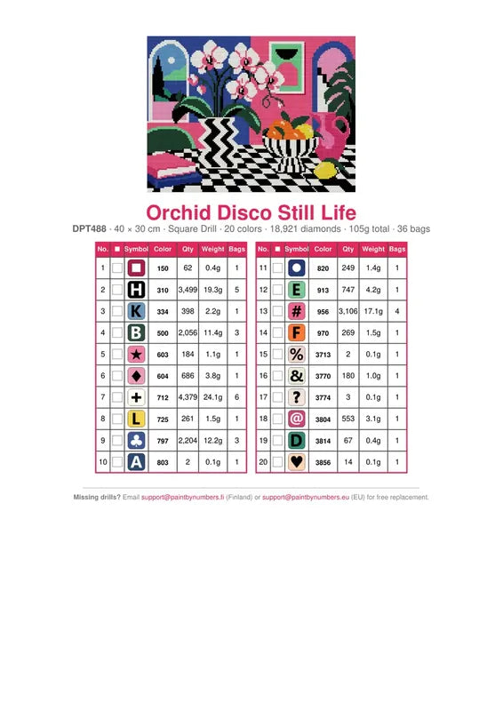 Orchid Disco Still Life timanttimaalauksen värikartta – 20 DMC-väriä