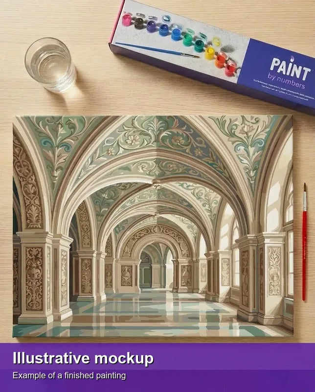 Valmiin numeromaalauksen havainnekuva - Ornate Arched Hallway 50x40cm