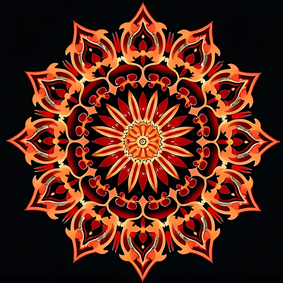 Punainen ja oranssi mandala mustalla taustalla