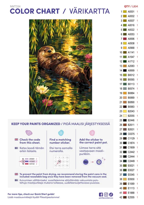 Numeromaalaus: Värikartta ja ohjeet - Otter Family 40x60cm