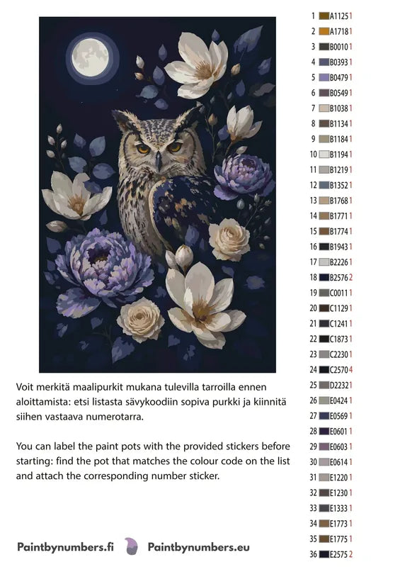 Värikartta ja ohjeet - Owl and Flowers at Night 40x60cm
