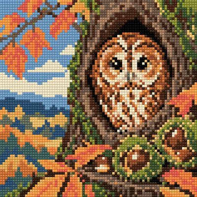 Owl in the Chestnut Hollow, 20x20 cm timanttimaalaus – lopullisen kuvion esikatselu
