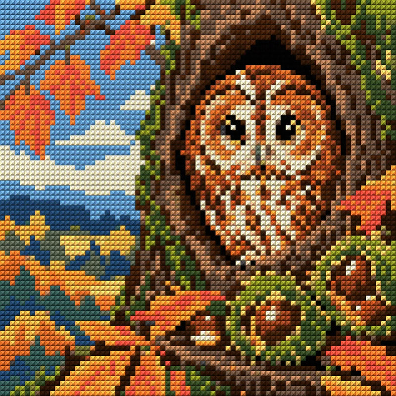 Owl in the Chestnut Hollow, 20x20 cm timanttimaalaus – koko kuvion esikatselu ilman lähikuvaa