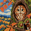 Thumbnail for Owl in the Chestnut Hollow, 20x20 cm timanttimaalaus – lopullisen kuvion esikatselu ja lähikuva neliönmuotoisista timanteista