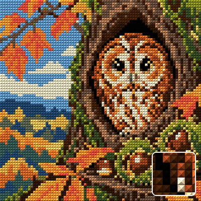 Owl in the Chestnut Hollow, 20x20 cm timanttimaalaus – lopullisen kuvion esikatselu ja lähikuva neliönmuotoisista timanteista