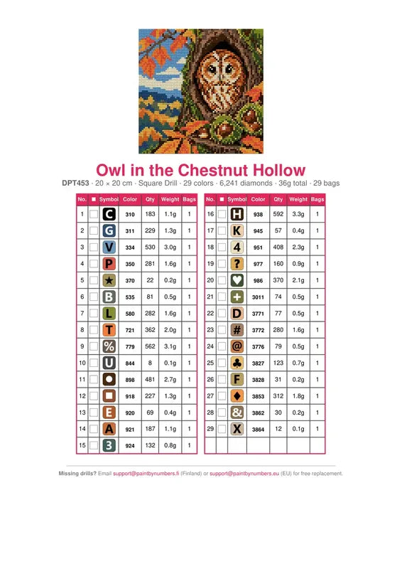Owl in the Chestnut Hollow timanttimaalauksen värikartta – 29 DMC-väriä