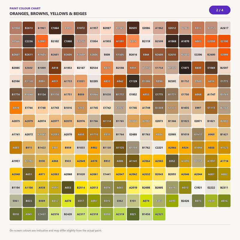 Paint by numbers acrylic paint colour chart: oranges, browns, yellows and beiges, 2 of 4