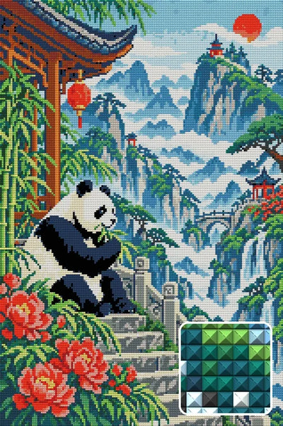 Panda above the Cloud Stair, 40x60 cm timanttimaalaus – lopullisen kuvion esikatselu ja lähikuva neliönmuotoisista timanteista