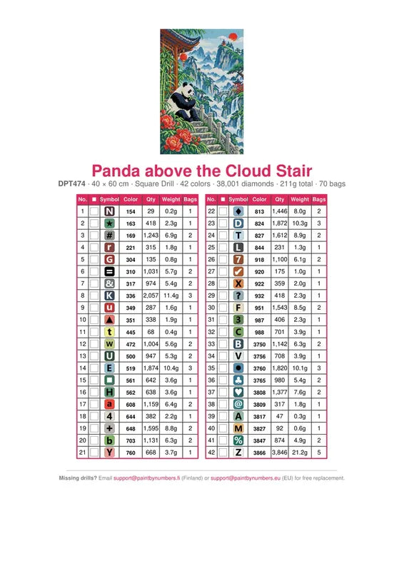 Panda above the Cloud Stair timanttimaalauksen värikartta – 42 DMC-väriä