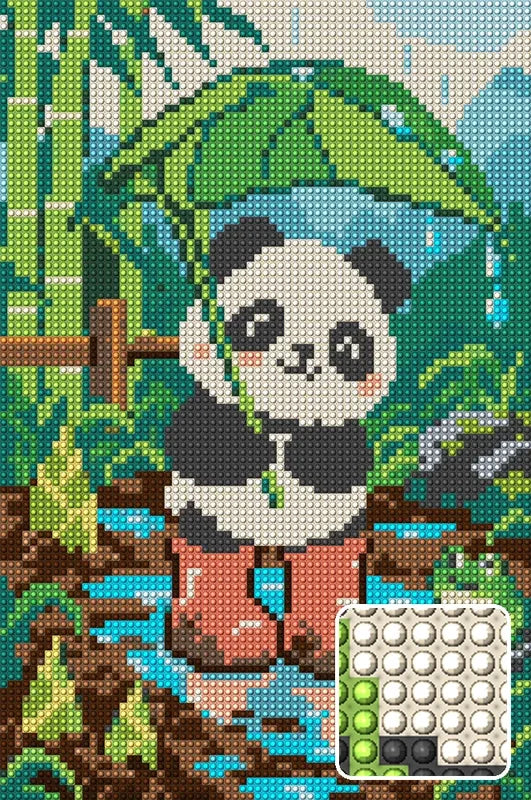 Panda Cub in the Rain Boots, 20x30 cm timanttimaalaus – lopullisen kuvion esikatselu ja lähikuva pyöreistä timanteista
