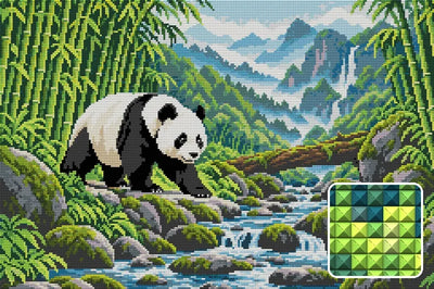 Panda Trail through the Bamboo Valley, 60x40 cm timanttimaalaus – lopullisen kuvion esikatselu ja lähikuva neliönmuotoisista timanteista