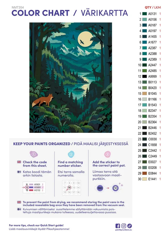 Numeromaalaus: Värikartta ja ohjeet - Papercut Forest 30x40cm