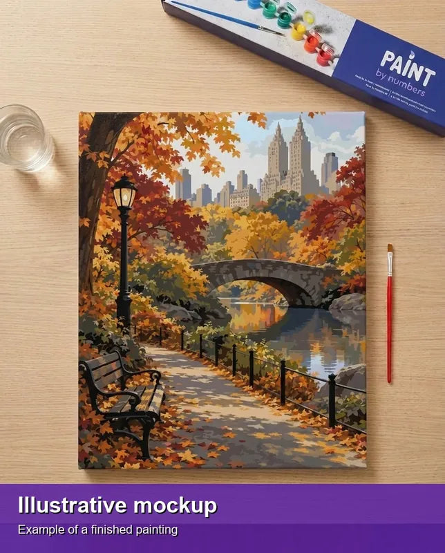 Valmiin numeromaalauksen havainnekuva - Park Bench and City Bridge 40x50cm