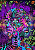 Thumbnail for Timanttimaalaus kahdesta surrealistisesta kasvoista neonvärisessä avaruus- ja kaupunkimaisemassa.