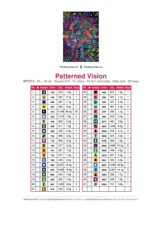 Patterned Vision timanttimaalauksen värikartta – 41 DMC-väriä