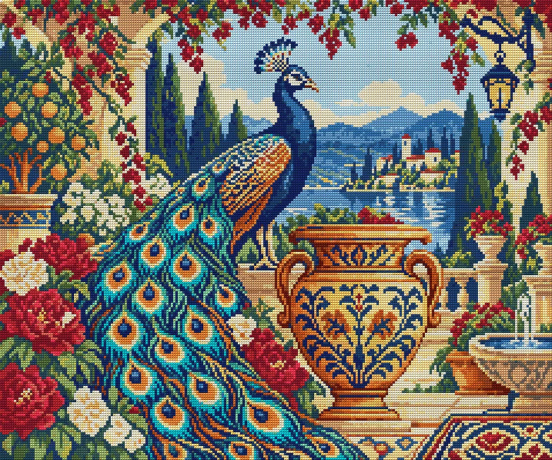 Peacock beside the Amber Urn, 60x50 cm timanttimaalaus – koko kuvion esikatselu ilman lähikuvaa