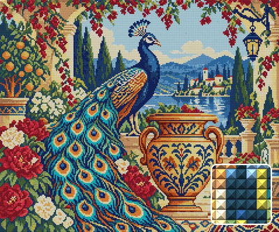 Peacock beside the Amber Urn, 60x50 cm timanttimaalaus – lopullisen kuvion esikatselu ja lähikuva neliönmuotoisista timanteista
