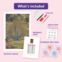 Thumbnail for Peacock in Rose Garden 80x120cm timanttimaalauspaketin sisalto: liimapintainen canvas, varikartta, tyokalut ja timanttipussit