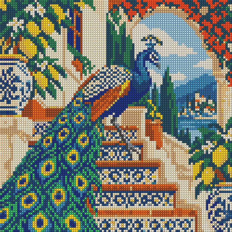 Peacock on the Mosaic Stair, 30x30 cm timanttimaalaus – koko kuvion esikatselu ilman lähikuvaa