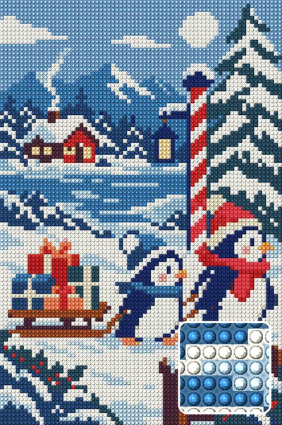 Penguin Parcel Patrol, 20x30 cm timanttimaalaus – lopullisen kuvion esikatselu ja lähikuva pyöreistä timanteista
