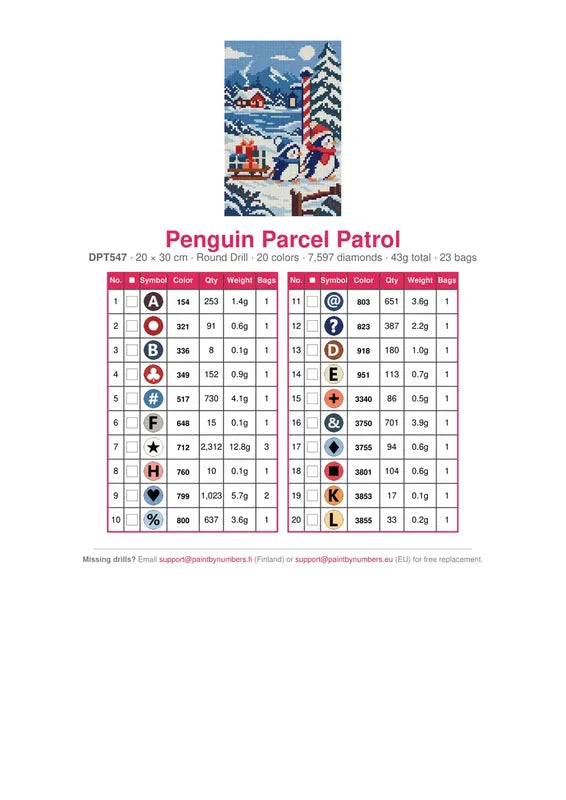 Penguin Parcel Patrol timanttimaalauksen värikartta – 20 DMC-väriä