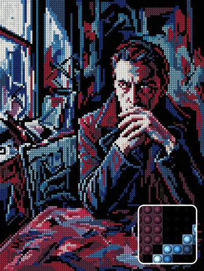 Pensive Man by Window, 30x40 cm timanttimaalaus – lopullisen kuvion esikatselu ja lähikuva pyöreistä timanteista