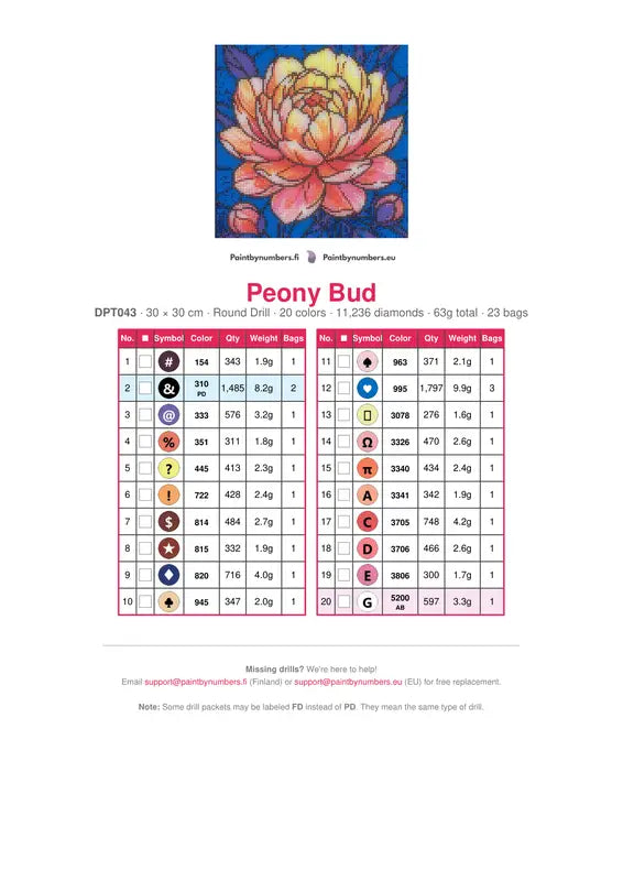 Peony Bud timanttimaalauksen värikartta – 20 DMC-väriä