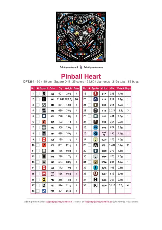 Pinball Heart timanttimaalauksen värikartta – 35 DMC-väriä
