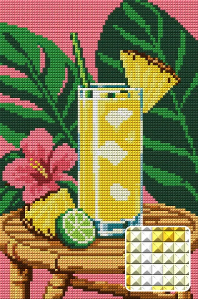 Pineapple Cooler under Broad Leaves, 20x30 cm timanttimaalaus – lopullisen kuvion esikatselu ja lähikuva neliönmuotoisista timanteista