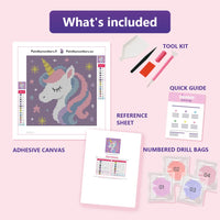 Thumbnail for Pixel Unicorn 20x20cm timanttimaalauspaketin sisalto: liimapintainen canvas, varikartta, tyokalut ja timanttipussit