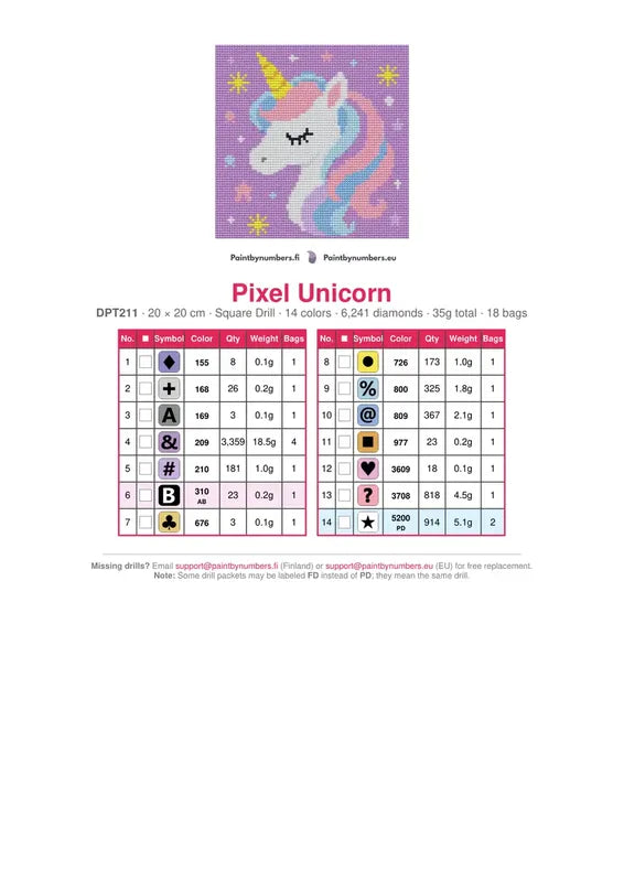 Pixel Unicorn timanttimaalauksen värikartta – 14 DMC-väriä